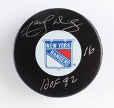 Marcel Dionne Signed New York Rangers Logo Hockey Puck Inscribed "HOF 92" (COJO)