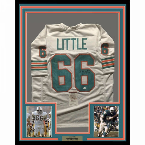 FRAMED Autographed/Signed LARRY LITTLE "HOF 93" 33x42 Miami White Jersey JSA COA