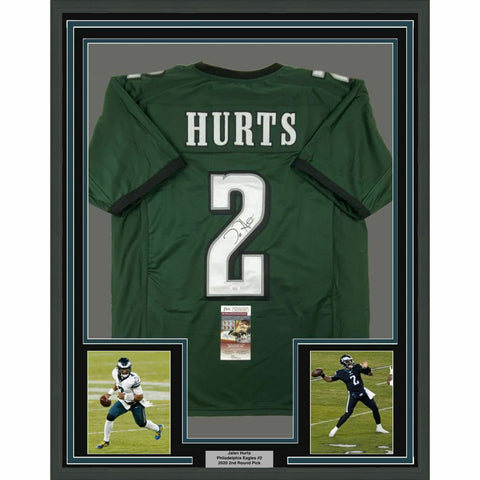 FRAMED Autographed/Signed JALEN HURTS 33x42 Philadelphia Green Jersey JSA COA