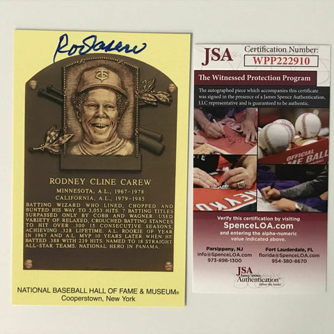 Autographed/Signed ROD CAREW HOF Hall Of Fame Baseball Plaque Postcard JSA COA