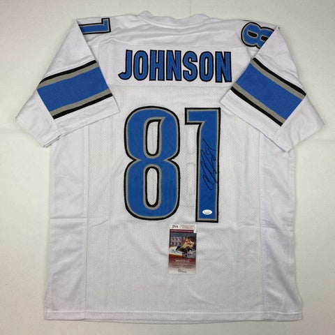 Autographed/Signed Calvin Johnson HOF 21 Detroit White Football Jersey JSA COA