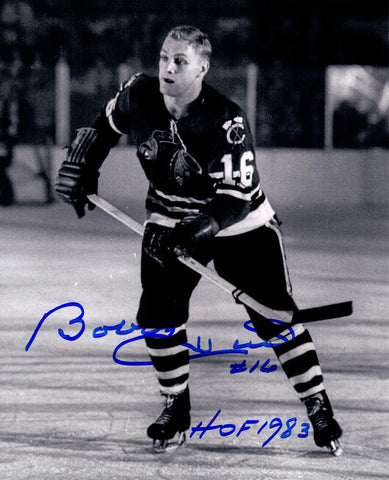 Bobby Hull Signed Chicago Blackhawks B&W 8x10 Photo w/HOF 1983 - SCHWARTZ