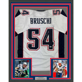 Framed Autographed/Signed Tedy Bruschi 35x39 NE White Jersey Beckett BAS COA