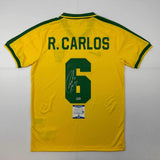 Autographed/Signed Roberto Carlos Brazil Yellow Retro Soccer Jersey Beckett COA