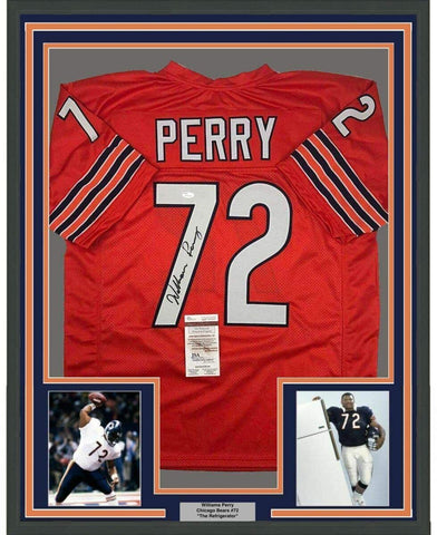 Framed Autographed/Signed William Perry The Refrigerator 35x39 Jersey JSA COA