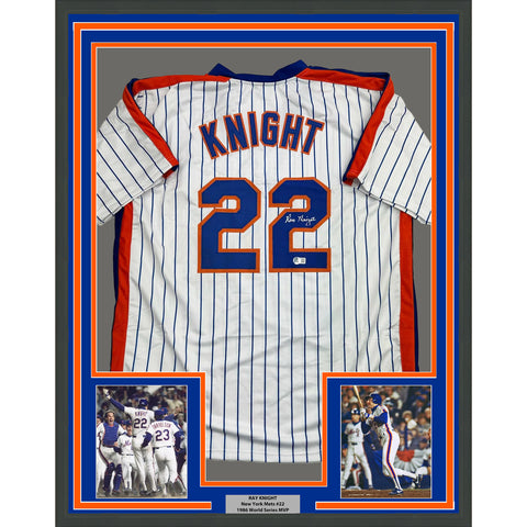 Framed Autographed/Signed Ray Knight 35x39 New York Pinstripe Jersey BAS COA