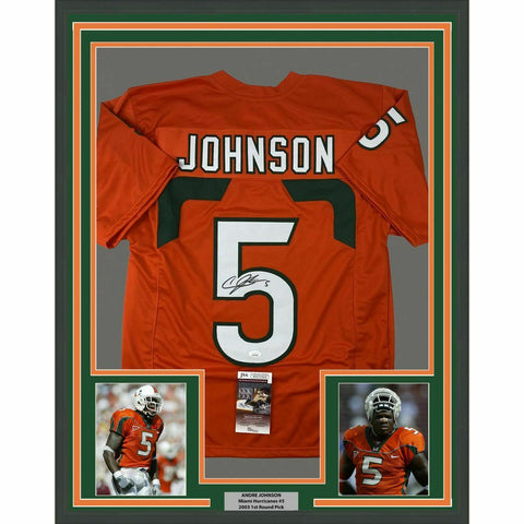 FRAMED Autographed/Signed ANDRE JOHNSON 33x42 Orange Football Jersey JSA COA