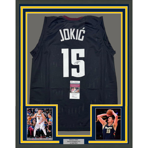 Framed Autographed/Signed Nikola Jokic 35x39 Denver Black 5280 Jersey JSA COA