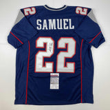 Autographed/Signed Asante Samuel Sr. New England Blue Football Jersey JSA COA