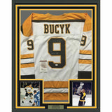 FRAMED Autographed/Signed JOHNNY JOHN BUCYK 33x42 Boston White Jersey JSA COA