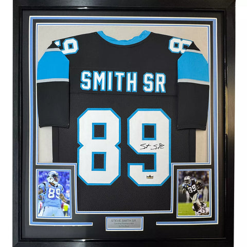 Framed Autographed Steve Smith Sr. 35x39 Carolina Black Jersey