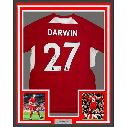 Framed Autographed/Signed Darwin Nunez 35x39 Liverpool Red Jersey Beckett COA #2