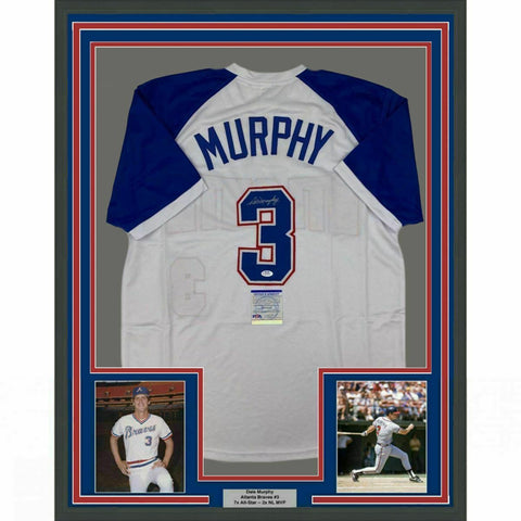 FRAMED Autographed/Signed DALE MURPHY 33x42 Atlanta White Jersey PSA/DNA COA