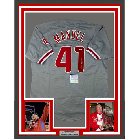 Framed Autographed/Signed Charlie Manuel 33x42 Grey Jersey PSA/DNA COA
