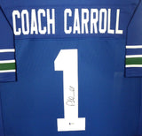 SEAHAWKS PETE CARROLL AUTOGRAPHED SIGNED FRAMED BLUE JERSEY BECKETT 158390