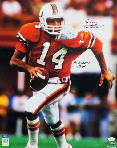 Vinny Testaverde Signed Hurricanes 16x20 Running FP Photo w/ Heisman- JSA W Auth