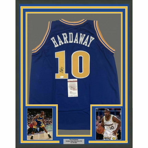 FRAMED Autographed/Signed TIM HARDAWAY 33x42 Warriors Blue Jersey JSA COA Auto