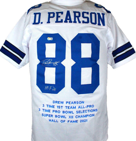 Drew Pearson Autographed White Pro Style STAT Jersey w/HOF-Beckett W Holo*Silver