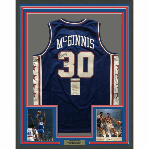 FRAMED Autographed/Signed GEORGE MCGINNIS 33x42 Philadelphia Blue Jersey JSA COA