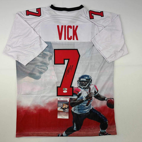 Autographed/Signed Michael Mike Vick Atlanta White Photo Artwork Jersey JSA COA