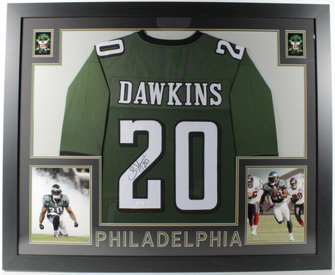 Brian Dawkins Signed Philadelphia Eagles 35" x 43" Framed Green Jersey (JSA COA)