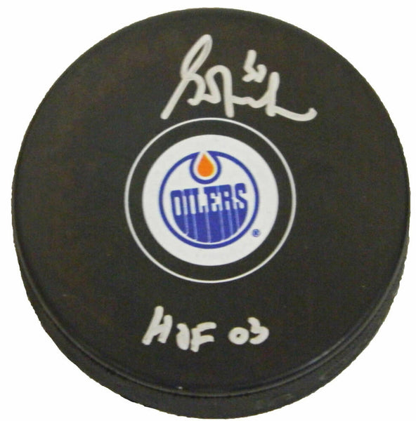 GRANT FUHR Signed Edmonton Oilers Logo Hockey Puck w/HOF 03 - SCHWARTZ