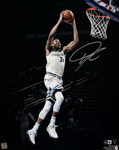 Giannis Antetokounmpo Autographed Bucks 16x20 Spotlight Dunk Photo-BeckettW Holo