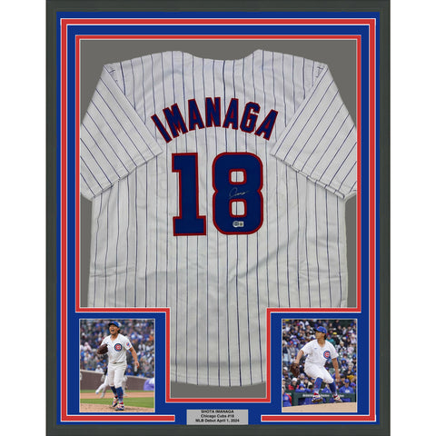 Framed Autographed/Signed Shota Imanaga 35x39 Pinstripe Jersey Beckett BAS COA