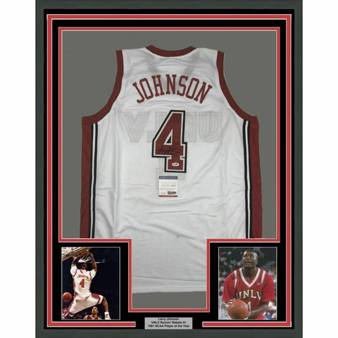 FRAMED Autographed/Signed LARRY JOHNSON 33x42 UNLV White Jersey PSA/DNA COA Auto