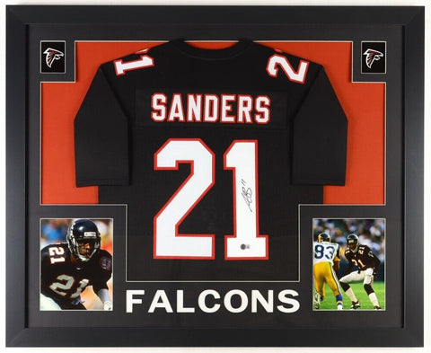 Deion Sanders Signed Atlanta Falcons 35x43 Framed Jersey (Beckett) Coach Prime