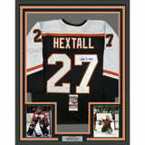 FRAMED Autographed/Signed RON HEXTALL 33x42 Philadelphia Black Jersey JSA COA