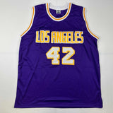 Autographed/Signed James Worthy Los Angeles LA Purple Basketball Jersey JSA COA