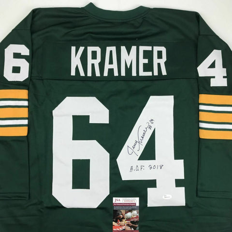 Autographed/Signed JERRY KRAMER HOF 18 Green Bay Green Football Jersey JSA COA