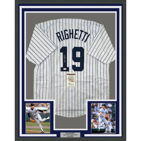 Framed Autographed/Signed Dave Righetti 33x42 New York Pinstripe Jersey JSA COA