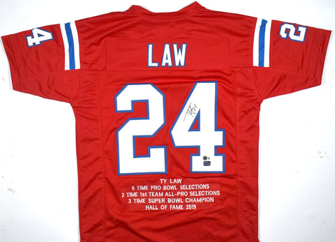 Ty Law Autographed Red Pro Style STAT Jersey - Beckett W Hologram *Black