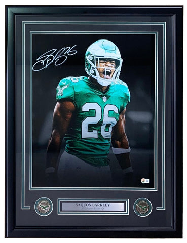 Saquon Barkley Signed Framed 16x20 Philadelphia Eagles Kelly Green Photo BAS ITP