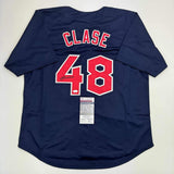 Autographed/Signed Emmanuel Clase Cleveland Blue Baseball Jersey JSA COA