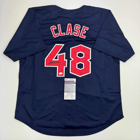 Autographed/Signed Emmanuel Clase Cleveland Blue Baseball Jersey JSA COA