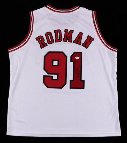 Dennis Rodman Signed Chicago Bulls White Jersey (JSA COA) 5xNBA Champion