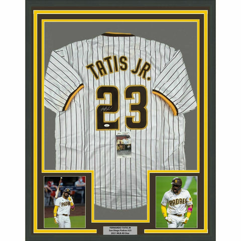 FRAMED Autographed/Signed FERNANDO TATIS JR 33x42 Baseball Jersey JSA COA