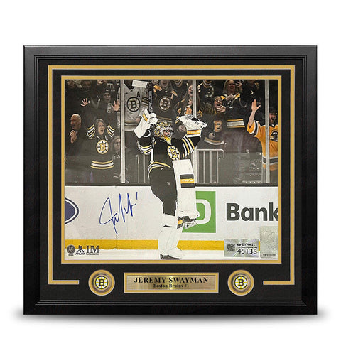 Jeremy Swayman Celebration Boston Bruins Autographed 11x14 Framed Photo JSA PSA