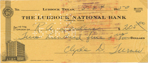 Clyde Bulldog Turner Signed 1950 Lubbock National Bank Check 37602