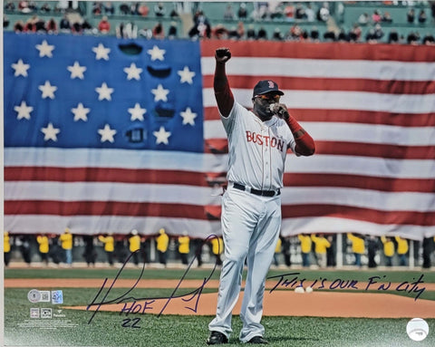 David Ortiz Signed Red Sox Flag 16x20 Photo W/ HOF 22 & This is Our F'N City BAS