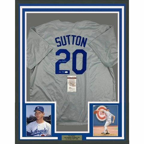 FRAMED Autographed/Signed DON SUTTON HOF 33x42 Los Angeles Grey Jersey JSA COA