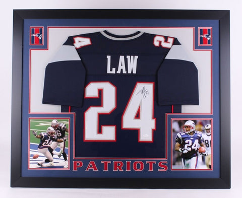 Ty Law Signed Patriots 35"x 43" Custom Framed Jersey (JSA) 3 X Super Bowl Champ