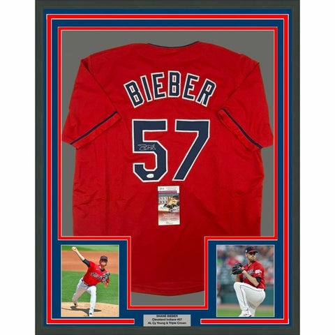 FRAMED Autographed/Signed SHANE BIEBER 33x42 Cleveland Red Jersey JSA COA Auto