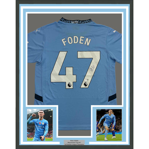 Framed Autographed/Signed Phil Foden 35x39 Man City Blue Jersey Beckett COA #3