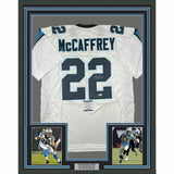 FRAMED Autographed/Signed CHRISTIAN MCCAFFREY 33x42 White Jersey BAS COA