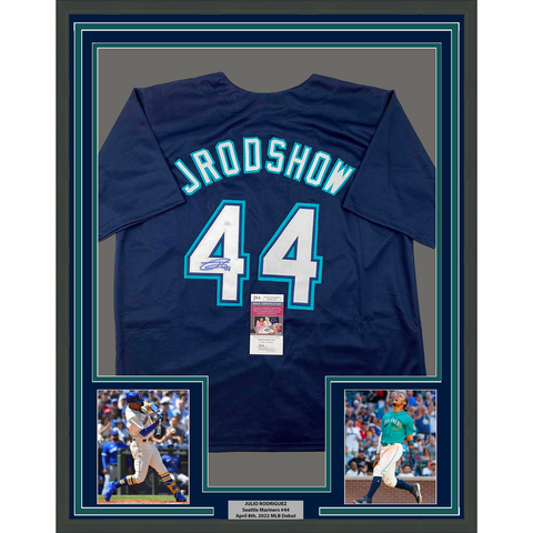 Framed Autographed/Signed Julio Rodriguez 33x42 JRodShow Blue Jersey JSA COA