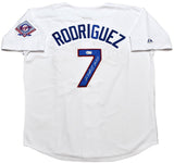 IVAN PUDGE RODRIGUEZ SIGNED TEXAS RANGERS #7 WHITE MAJESTIC JERSEY W/ HOF 17